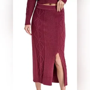DKNY Women's Cable Knit Ribbed Sweater Midi Skirt Viscose Burgundy Small NEW