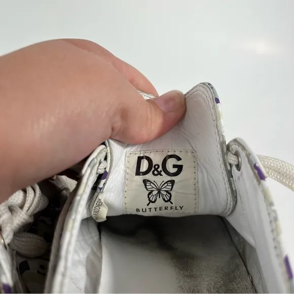 Dolce &amp; Gabbana Butterfly Purple D&amp;G Logo White Leather Low Top Sneakers 35.5