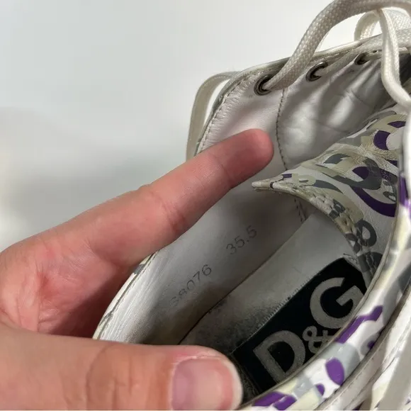 Dolce &amp; Gabbana Butterfly Purple D&amp;G Logo White Leather Low Top Sneakers 35.5