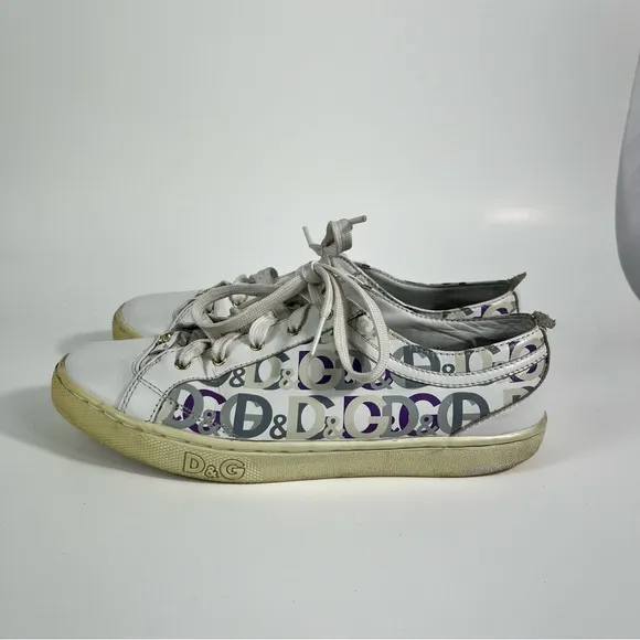 Dolce &amp; Gabbana Butterfly Purple D&amp;G Logo White Leather Low Top Sneakers 35.5