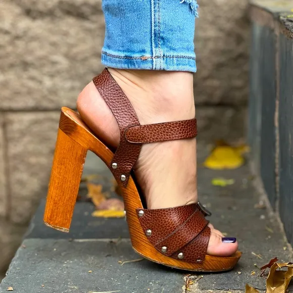 Dolce &amp; Gabbana Cognac brown leather sandals heels with studs western vibe boho