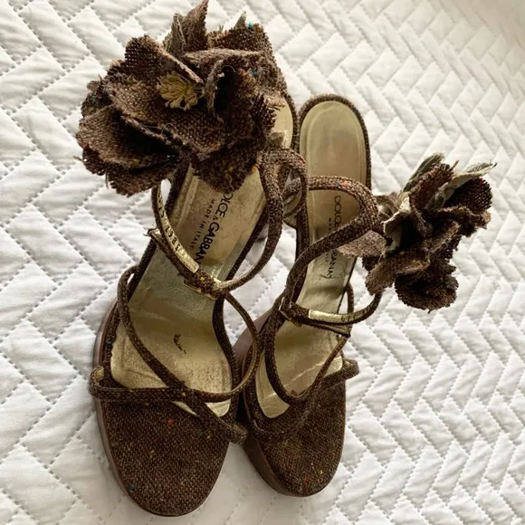 Dolce &amp; Gabbana vintage tweed flower platform sandals heels, 7