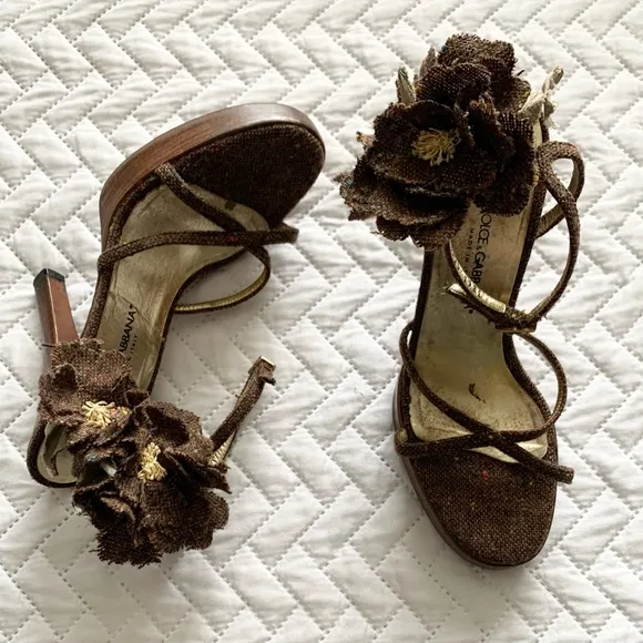 Dolce &amp; Gabbana vintage tweed flower platform sandals heels, 7