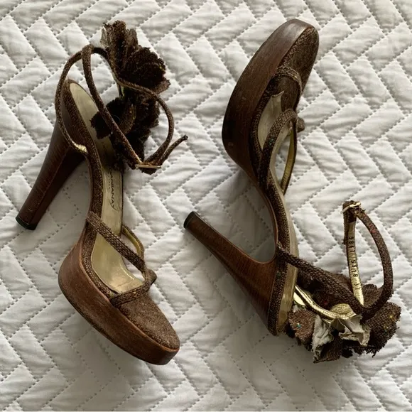 Dolce &amp; Gabbana vintage tweed flower platform sandals heels, 7