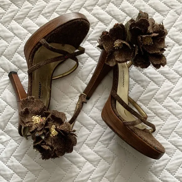 Dolce &amp; Gabbana vintage tweed flower platform sandals heels, 7