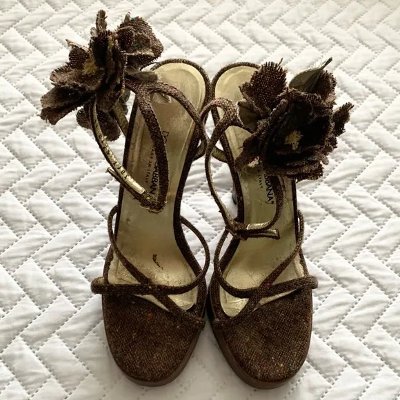 Dolce &amp; Gabbana vintage tweed flower platform sandals heels, 7