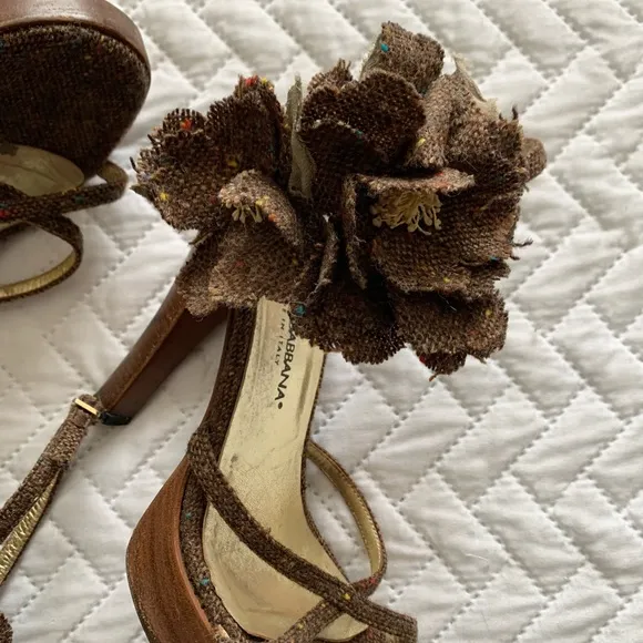 Dolce &amp; Gabbana vintage tweed flower platform sandals heels, 7