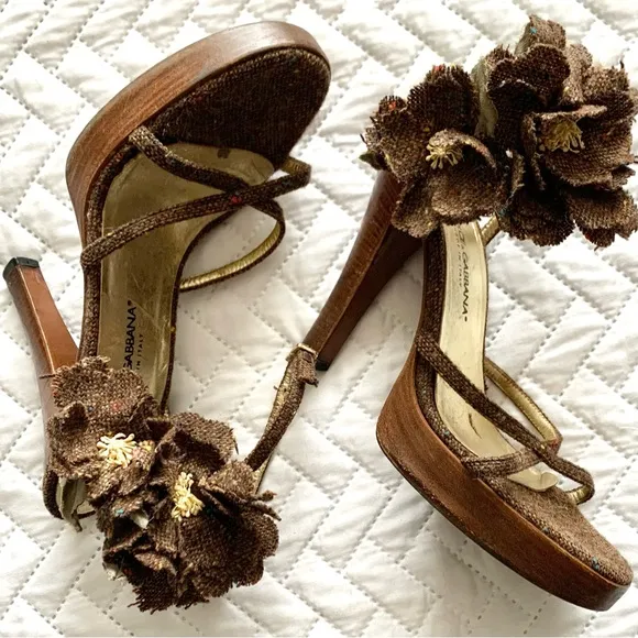 Dolce &amp; Gabbana vintage tweed flower platform sandals heels, 7
