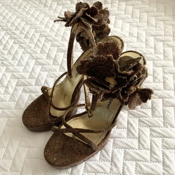 Dolce &amp; Gabbana vintage tweed flower platform sandals heels, 7