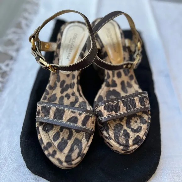 Dolce and Gabbana vintage linen  animal print platform sandals.