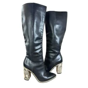 Dolce Vita Becker Knee High Black Leather Boots 6.5 Snake Print Heel Chic