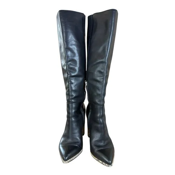 Dolce Vita Becker Knee High Black Leather Boots 6.5 Snake Print Heel Chic
