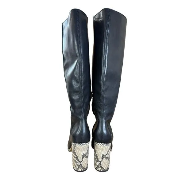 Dolce Vita Becker Knee High Black Leather Boots 6.5 Snake Print Heel Chic