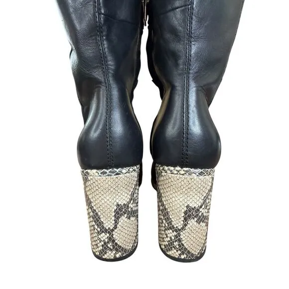 Dolce Vita Becker Knee High Black Leather Boots 6.5 Snake Print Heel Chic