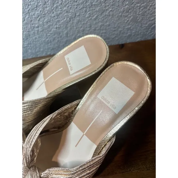 Dolce Vita BLARE Gold Platform Heels Bow Detail Slides Sandals Women's 7.5