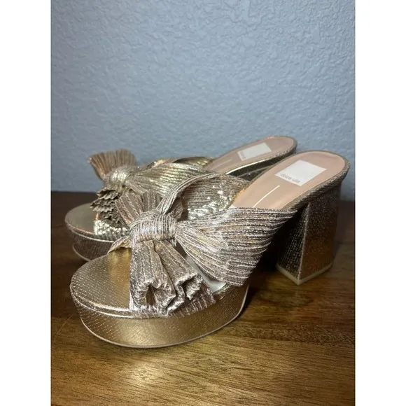 Dolce Vita BLARE Gold Platform Heels Bow Detail Slides Sandals Women's 7.5