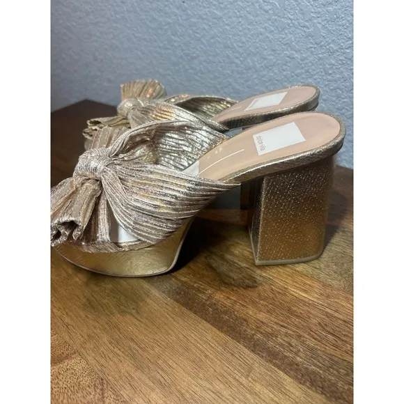 Dolce Vita BLARE Gold Platform Heels Bow Detail Slides Sandals Women's 7.5