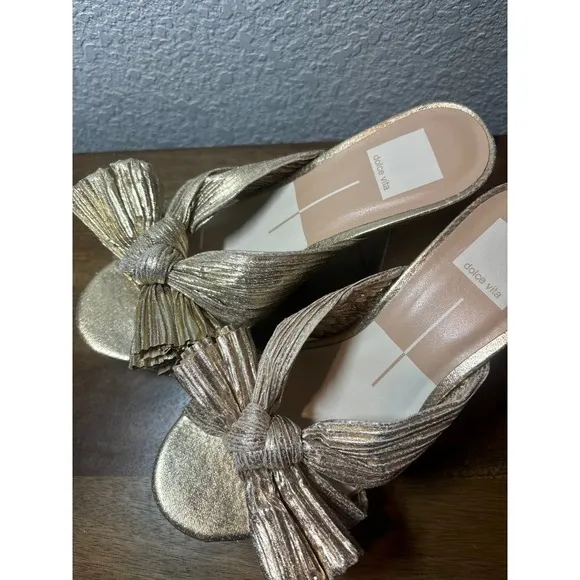 Dolce Vita BLARE Gold Platform Heels Bow Detail Slides Sandals Women's 7.5