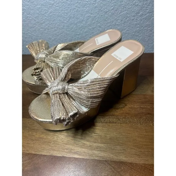 Dolce Vita BLARE Gold Platform Heels Bow Detail Slides Sandals Women's 7.5