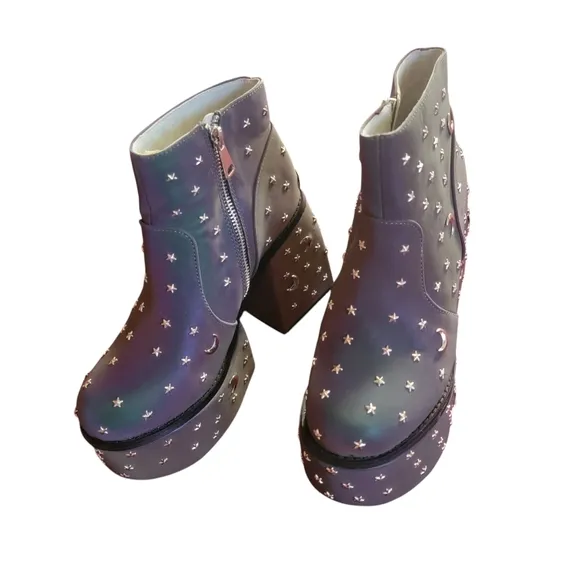 Dolls Kill Studded Gray Holographic Ankle Boots