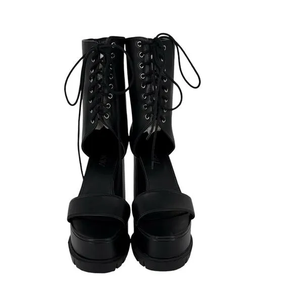 Dolls Kill Women's Widow Black Platform Sandal Booties Lace Up Sz 9 Dark Gothic
