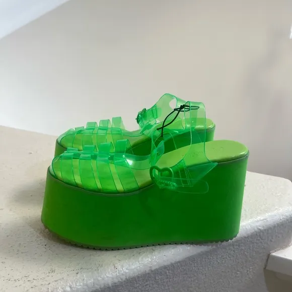 Dolls Kill X Sugar Thrillz Platform Lemon Green Jelly Platform Chunky Sandals 7