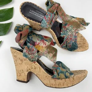 Donald J Pliner Couture Sandals Cork Platform Wedge Fabric Ankle Wrap Women's 10