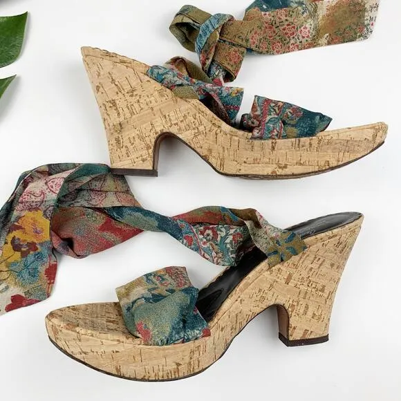 Donald J Pliner Couture Sandals Cork Platform Wedge Fabric Ankle Wrap Women's 10