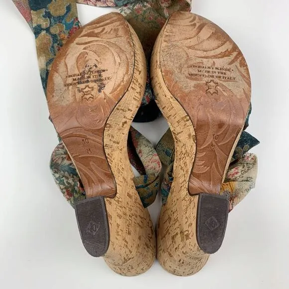 Donald J Pliner Couture Sandals Cork Platform Wedge Fabric Ankle Wrap Women's 10