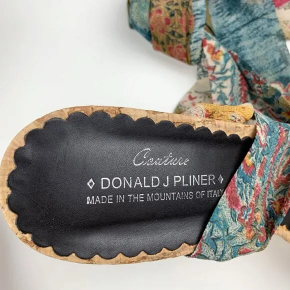 Donald J Pliner Couture Sandals Cork Platform Wedge Fabric Ankle Wrap Women's 10