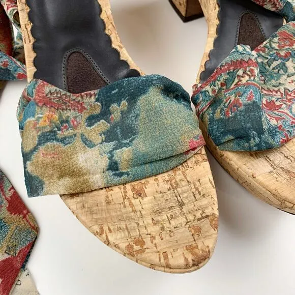 Donald J Pliner Couture Sandals Cork Platform Wedge Fabric Ankle Wrap Women's 10