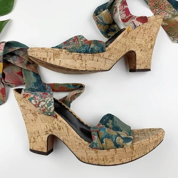 Donald J Pliner Couture Sandals Cork Platform Wedge Fabric Ankle Wrap Women's 10