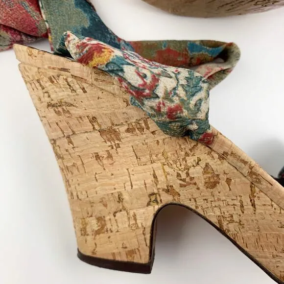 Donald J Pliner Couture Sandals Cork Platform Wedge Fabric Ankle Wrap Women's 10