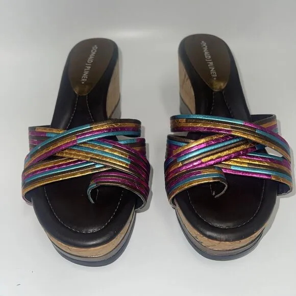 Donald J Pliner Lettie Metallic Wedge Cork Sandals Sz 7 1/2