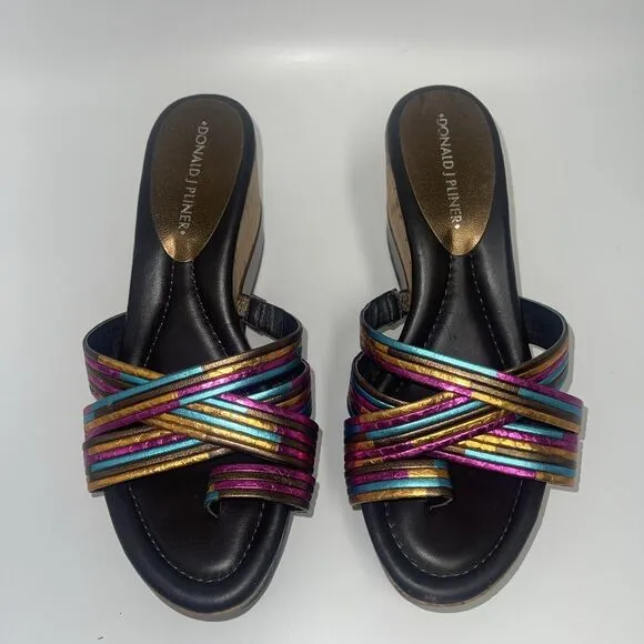 Donald J Pliner Lettie Metallic Wedge Cork Sandals Sz 7 1/2