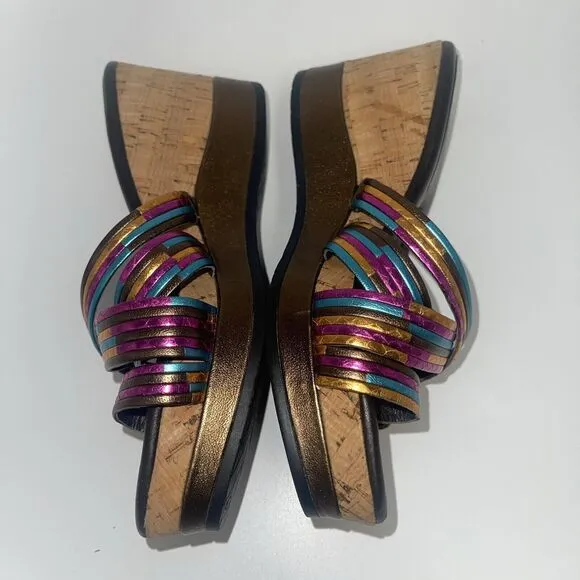 Donald J Pliner Lettie Metallic Wedge Cork Sandals Sz 7 1/2