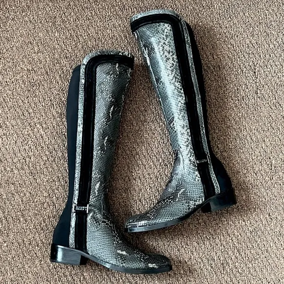 Donald Pliner Black and Gray leather Snakeskin luxury knee high boots