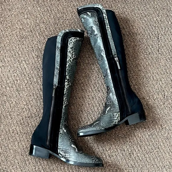 Donald Pliner Black and Gray leather Snakeskin luxury knee high boots