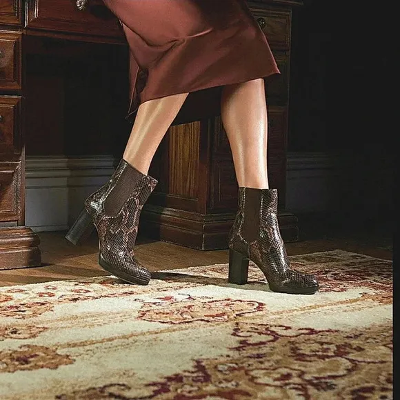 Donald Pliner Chic Snake Print Brown Leather Platform  Ankle Boots
