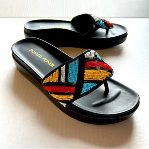 DONALD PLINER Chunky Summer Black Colorful Craft Slip On Fiji Sandals Size 8.