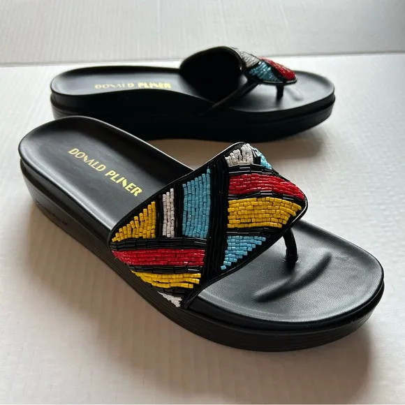 DONALD PLINER Chunky Summer Black Colorful Craft Slip On Fiji Sandals Size 8.