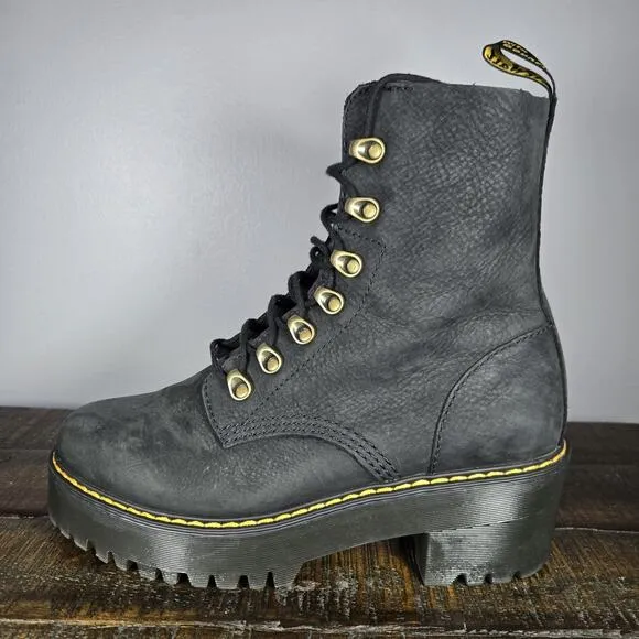 Dr. Doc Martens Leona Womens Size 9 Lace Up Heeled Boots Black Soft Leather