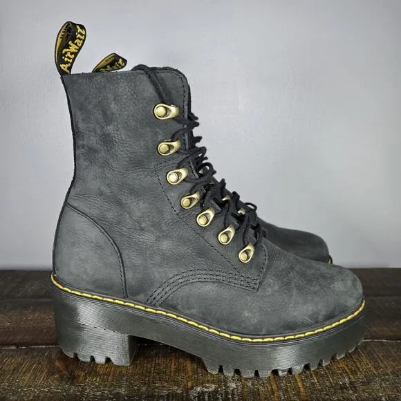 Dr. Doc Martens Leona Womens Size 9 Lace Up Heeled Boots Black Soft Leather