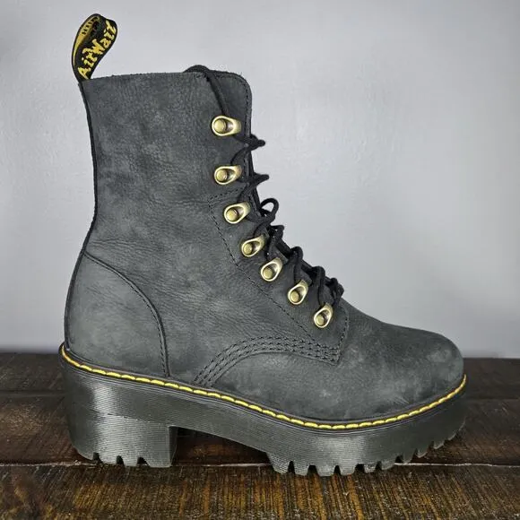 Dr. Doc Martens Leona Womens Size 9 Lace Up Heeled Boots Black Soft Leather