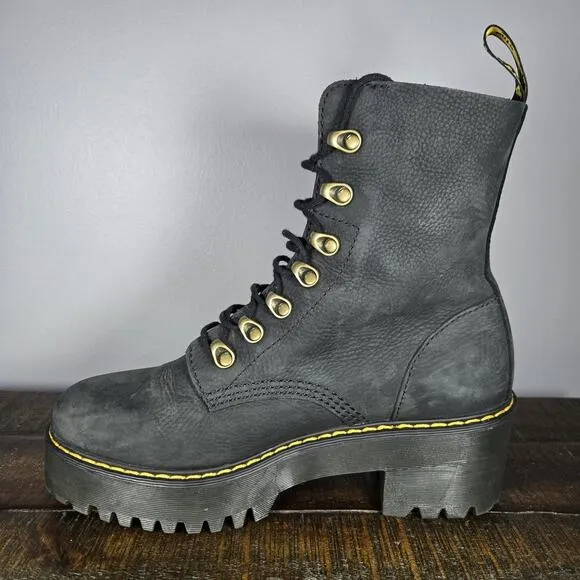 Dr. Doc Martens Leona Womens Size 9 Lace Up Heeled Boots Black Soft Leather