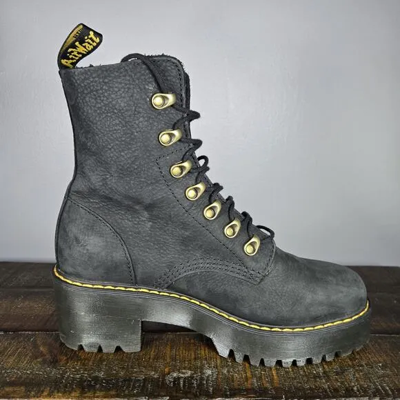 Dr. Doc Martens Leona Womens Size 9 Lace Up Heeled Boots Black Soft Leather
