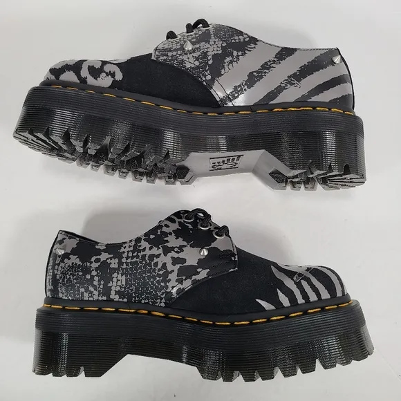 Dr. Martens 1461 Animal Clash Leather &amp; Suede Platform Shoes Black Gray Size 6