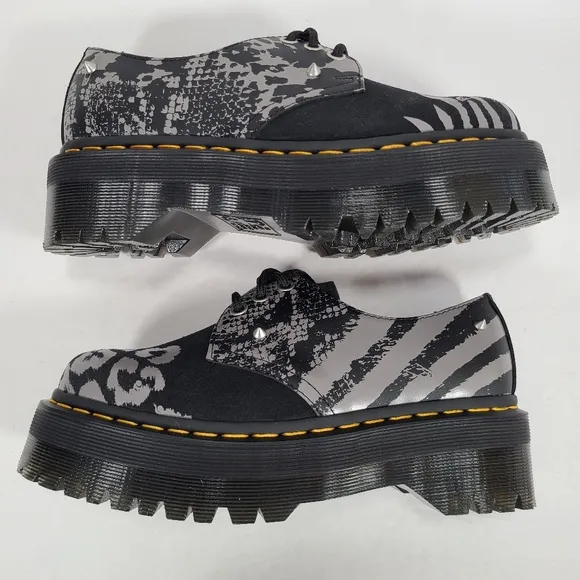 Dr. Martens 1461 Animal Clash Leather &amp; Suede Platform Shoes Black Gray Size 6