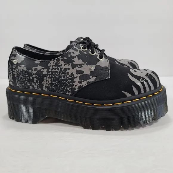 Dr. Martens 1461 Animal Clash Leather &amp; Suede Platform Shoes Black Gray Size 6