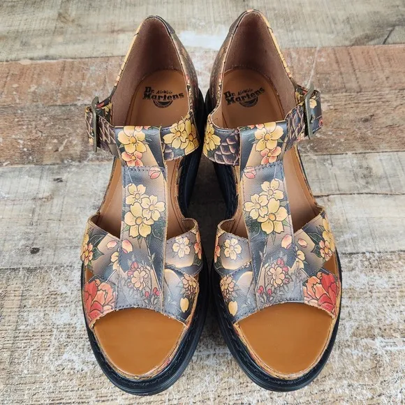 Dr Martens Adaya Women's Size 7 Floral Asia Tattoo Print Wedge Platform Sandals